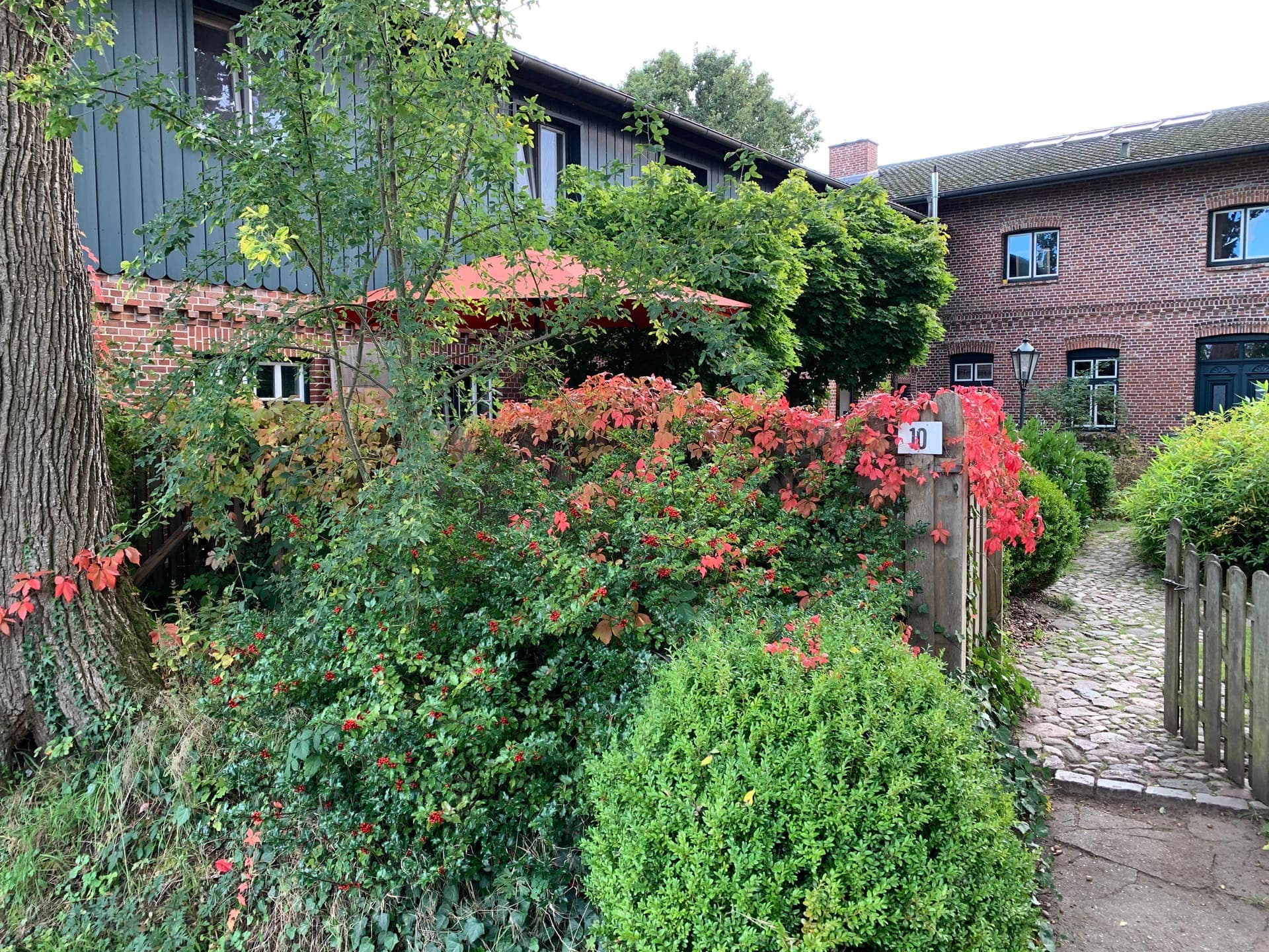 Blick auf das Bauernhaus und den Garten